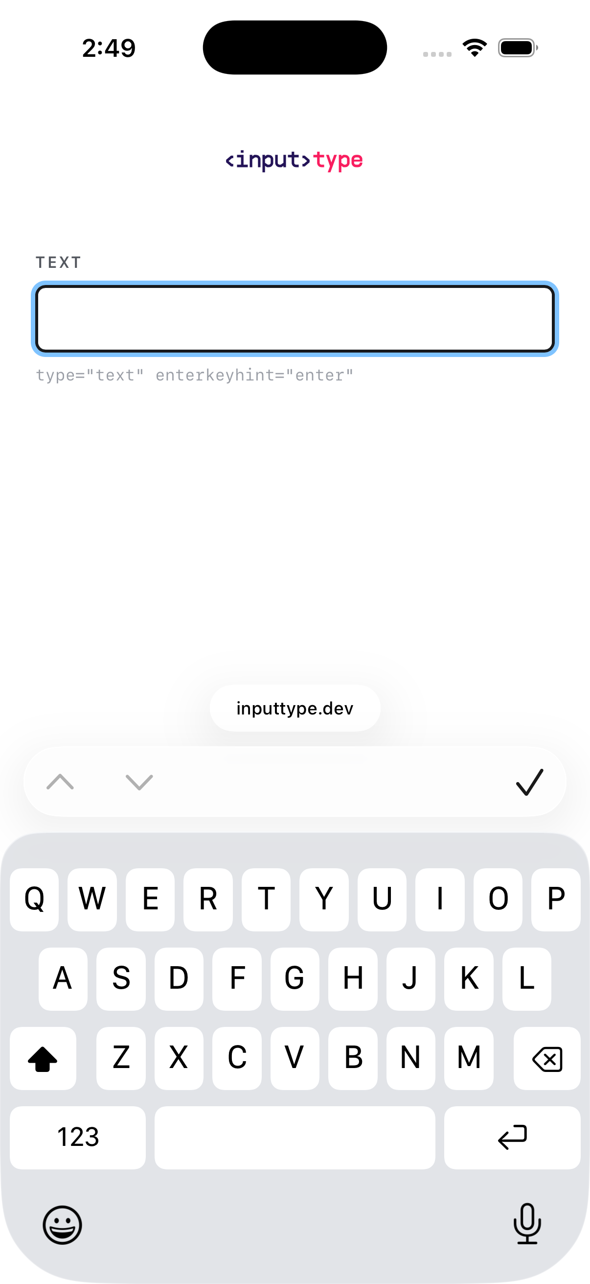 iOS screen for enterkeyhint="enter" — whole frame, uncropped