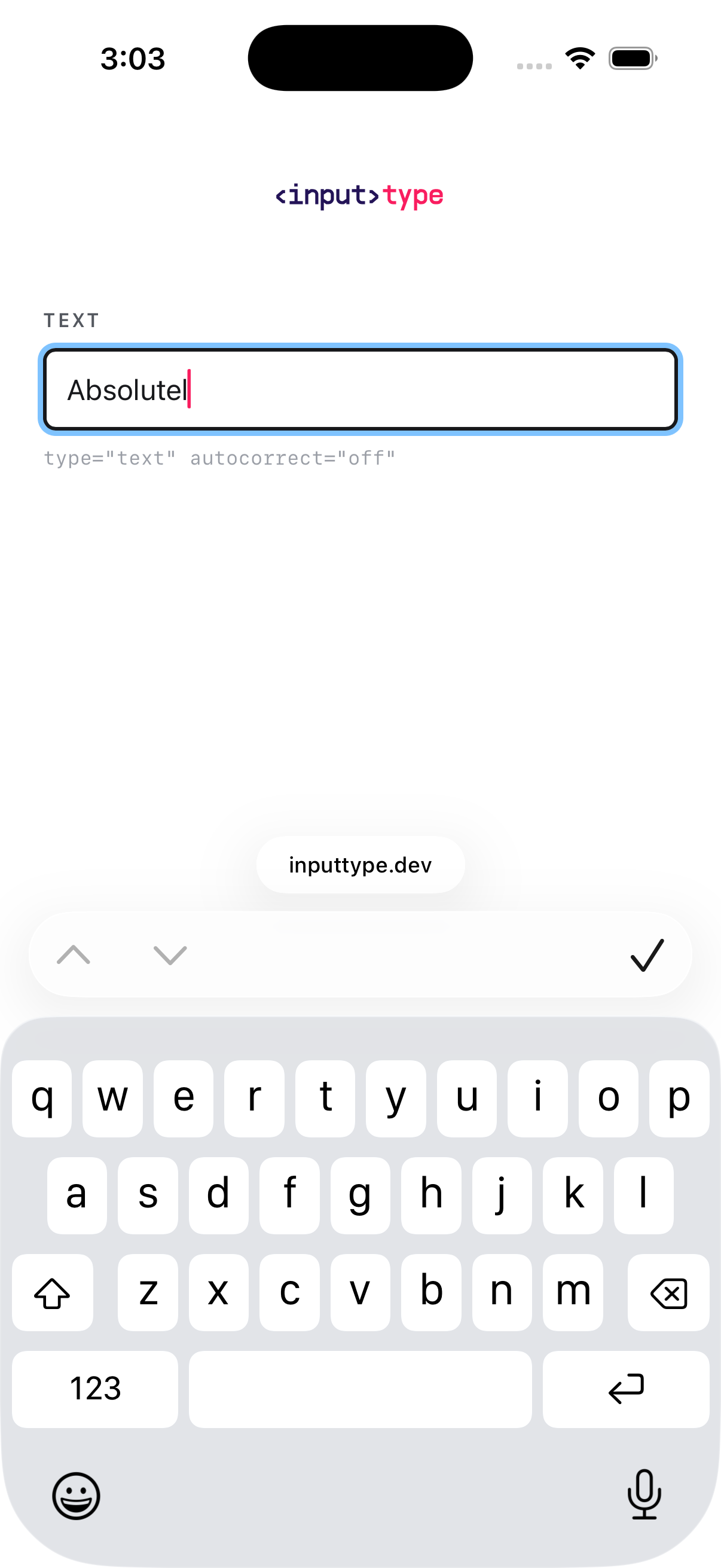 iOS screen for autocorrect="off" — whole frame, uncropped