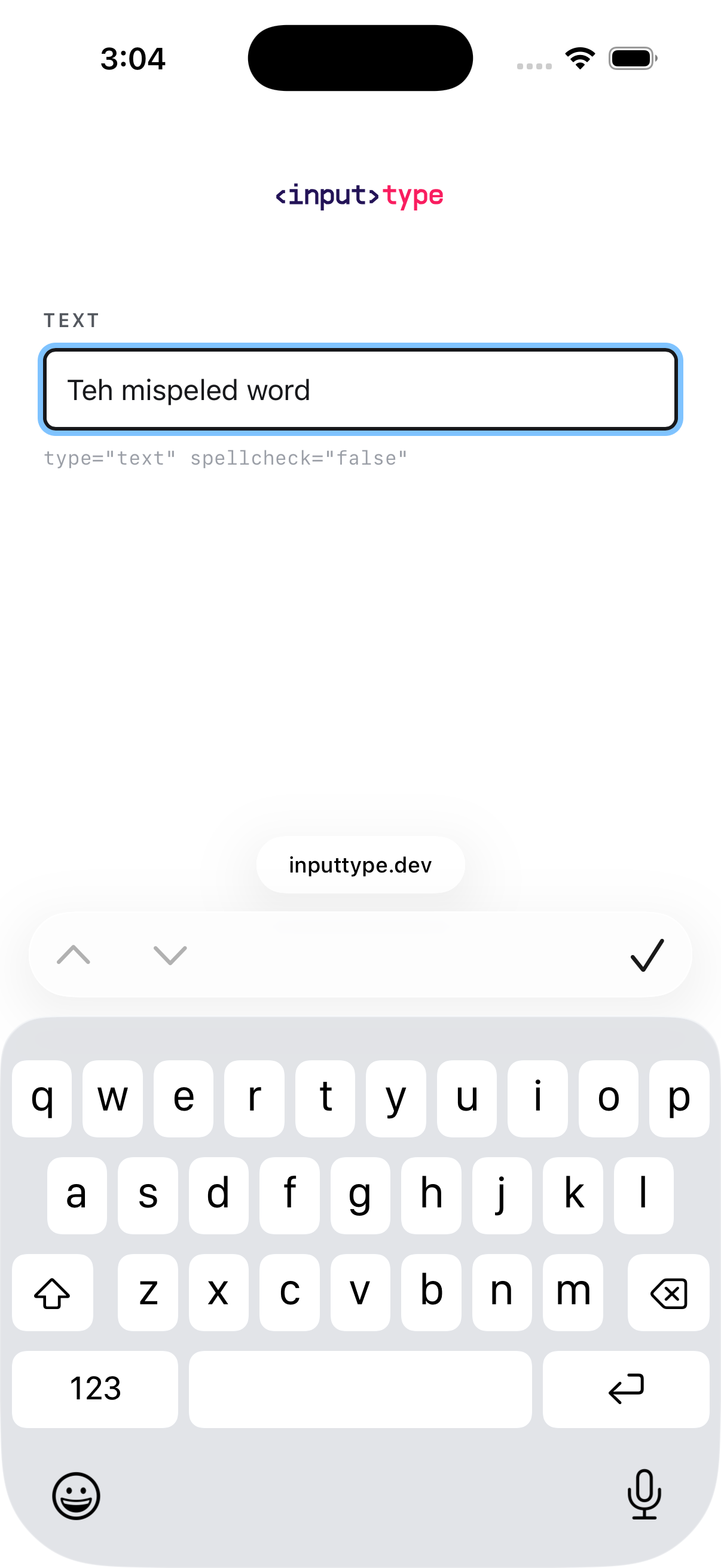 iOS screen for spellcheck="false" — whole frame, uncropped